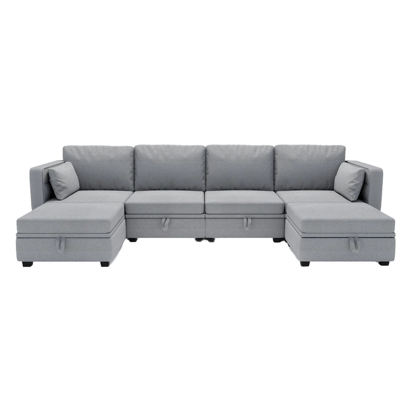 Modular U-shaped adjustable sectional sofa with reversible chains and storage seats