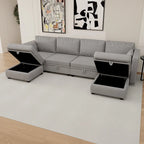 Modular U-shaped adjustable sectional sofa with reversible chains and storage seats