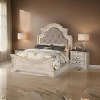 Lupe King Size Bed, Gray Upholstered Scalloped Frame, Antique White Finish