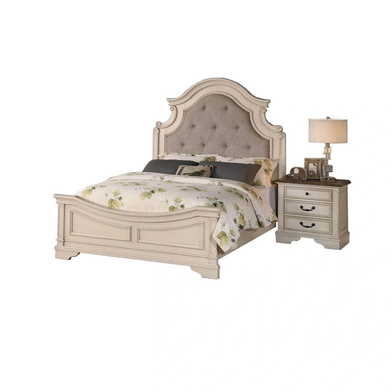 Lupe King Size Bed, Gray Upholstered Scalloped Frame, Antique White Finish