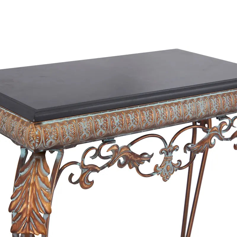 Metal Leaf Console Table with Mirror with Scrolled Legs - Set of 2 Bronze - Roche River Decor - 1W x 23L x 32H