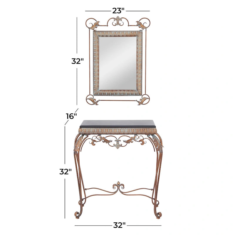 Metal Leaf Console Table with Mirror with Scrolled Legs - Set of 2 Bronze - Roche River Decor - 1W x 23L x 32H
