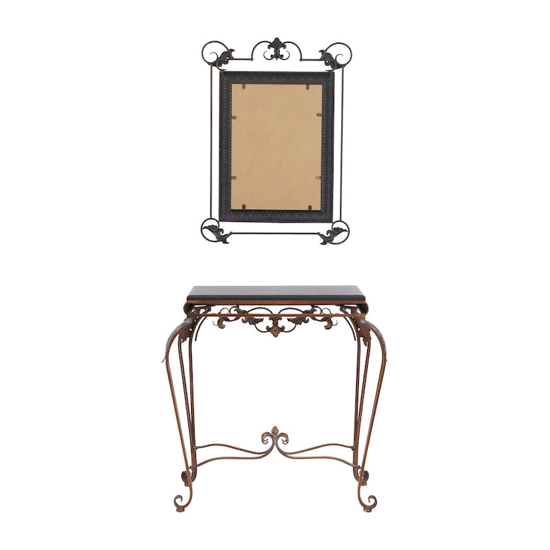 Metal Leaf Console Table with Mirror with Scrolled Legs - Set of 2 Bronze - Roche River Decor - 1W x 23L x 32H
