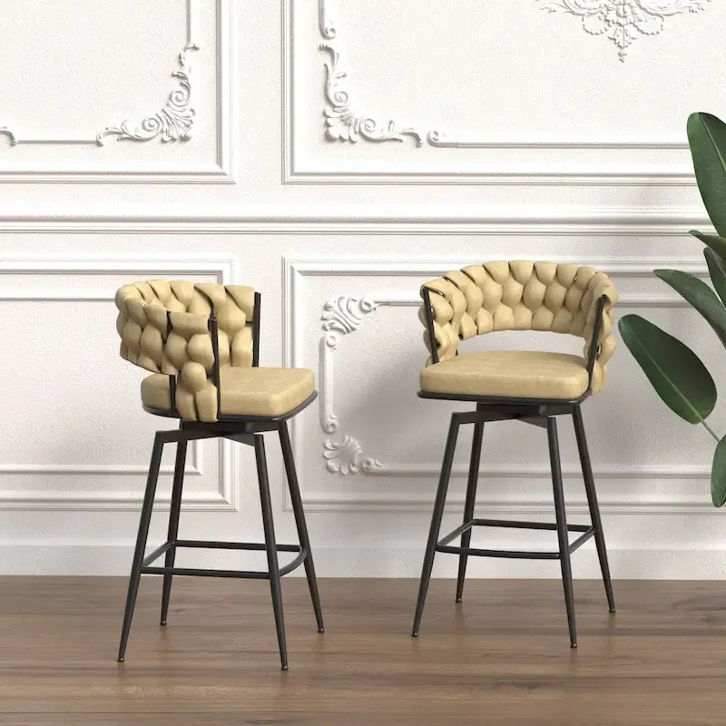 2 Woven Bar Stool,Black Legs No Adjustable Chairs,360 Swivel Upholstered Bar Chair Counter Stool Arm Chairs With Back Footrest