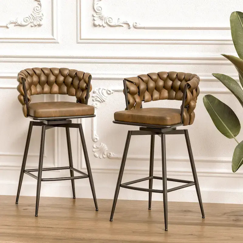 2 Woven Bar Stool,Black Legs No Adjustable Chairs,360 Swivel Upholstered Bar Chair Counter Stool Arm Chairs With Back Footrest