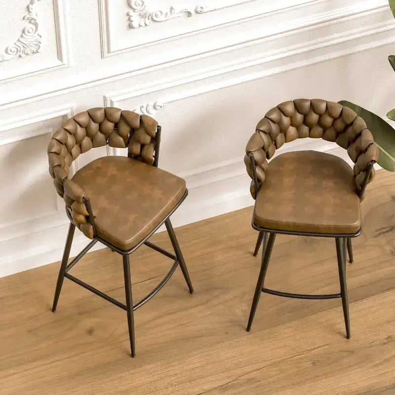 2 Woven Bar Stool,Black Legs No Adjustable Chairs,360 Swivel Upholstered Bar Chair Counter Stool Arm Chairs With Back Footrest