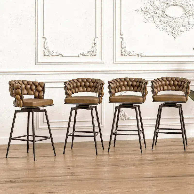 2 Woven Bar Stool,Black Legs No Adjustable Chairs,360 Swivel Upholstered Bar Chair Counter Stool Arm Chairs With Back Footrest