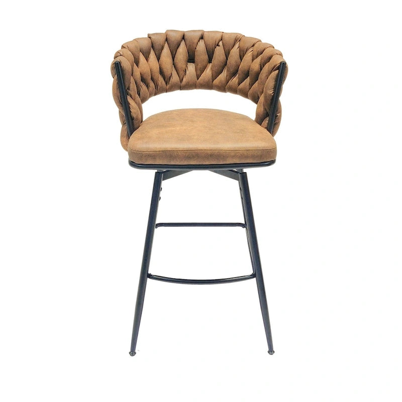 2 Woven Bar Stool,Black Legs No Adjustable Chairs,360 Swivel Upholstered Bar Chair Counter Stool Arm Chairs With Back Footrest