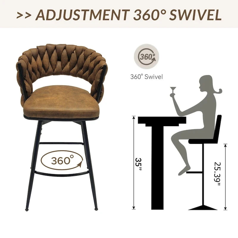 2 Woven Bar Stool,Black Legs No Adjustable Chairs,360 Swivel Upholstered Bar Chair Counter Stool Arm Chairs With Back Footrest