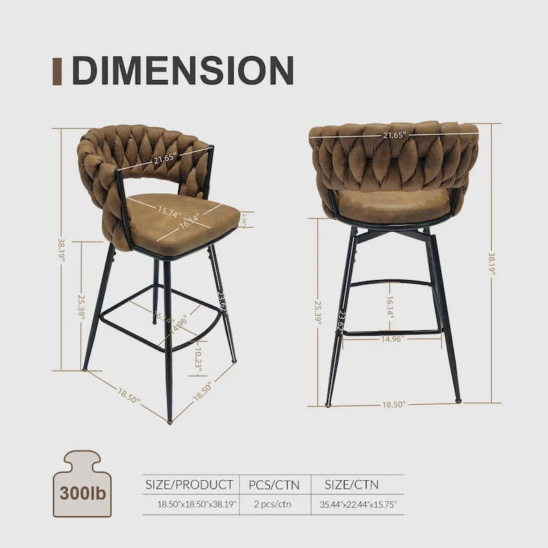 2 Woven Bar Stool,Black Legs No Adjustable Chairs,360 Swivel Upholstered Bar Chair Counter Stool Arm Chairs With Back Footrest