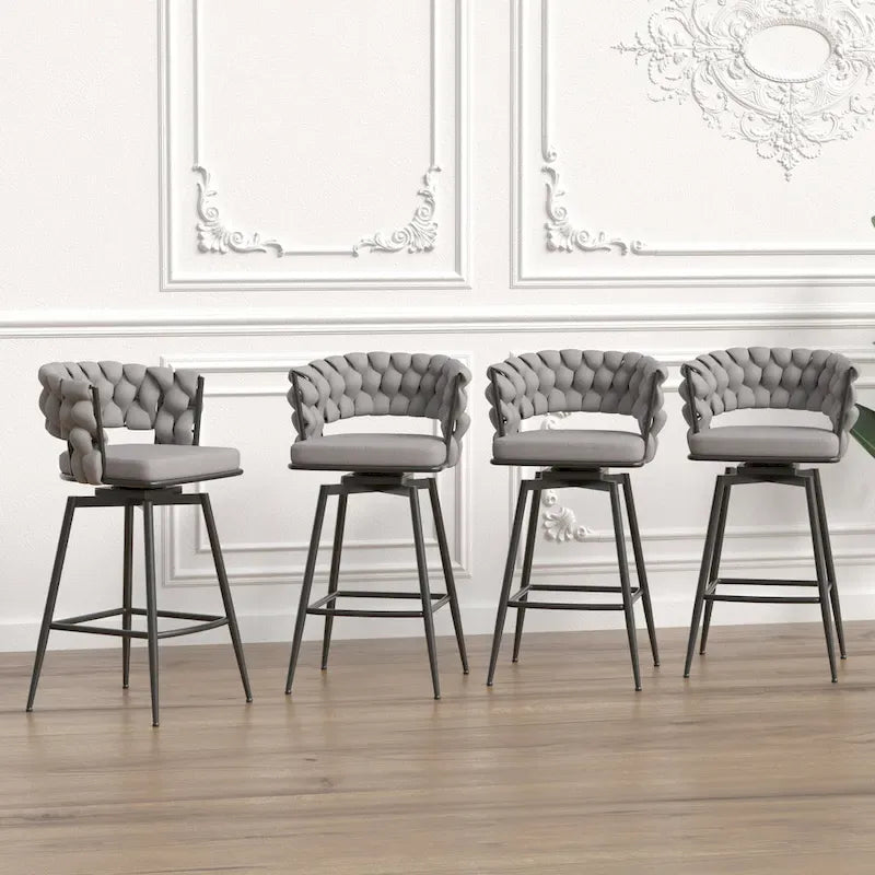 2 Woven Bar Stool,Black Legs No Adjustable Chairs,360 Swivel Upholstered Bar Chair Counter Stool Arm Chairs With Back Footrest