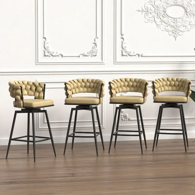 2 Woven Bar Stool,Black Legs No Adjustable Chairs,360 Swivel Upholstered Bar Chair Counter Stool Arm Chairs With Back Footrest