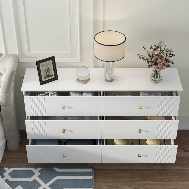 White Lacquer Dresser 6 Drawer Dresser with Metal Handle and Legs