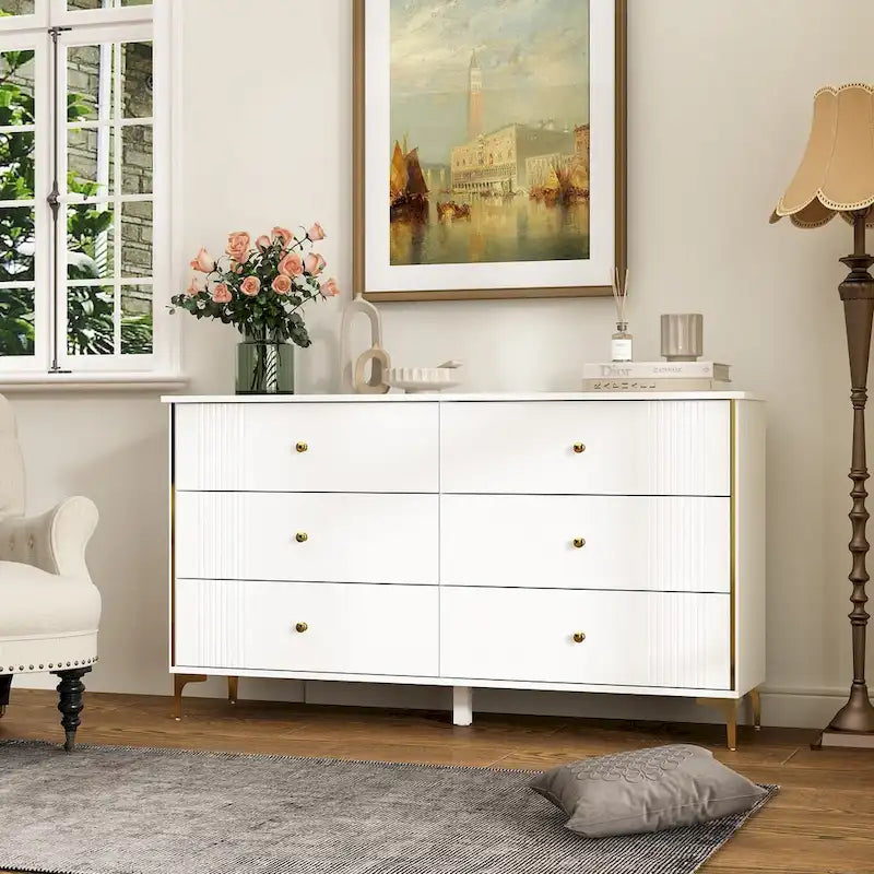 White Lacquer Dresser 6 Drawer Dresser with Metal Handle and Legs