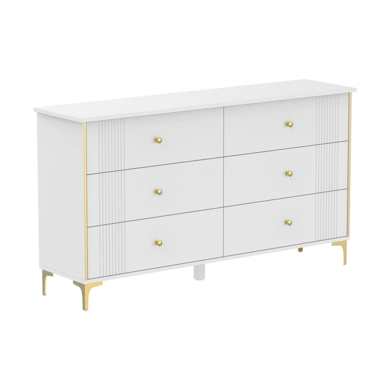 White Lacquer Dresser 6 Drawer Dresser with Metal Handle and Legs