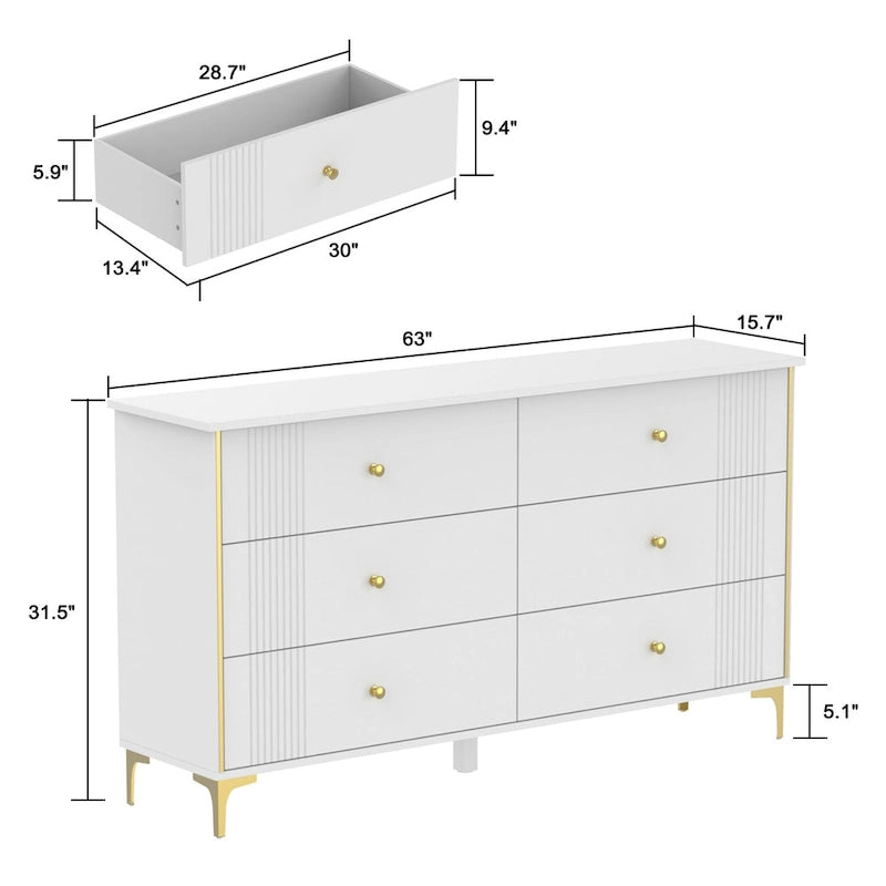 White Lacquer Dresser 6 Drawer Dresser with Metal Handle and Legs