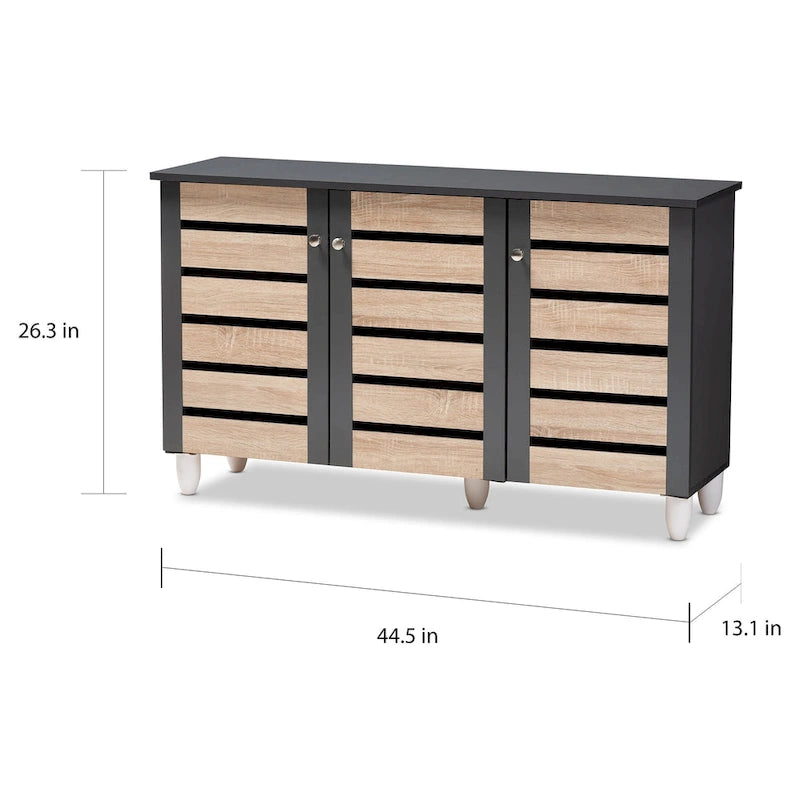 Contemporary 3-door Slatted Wood 14-pair Shoe Storage Cabinet