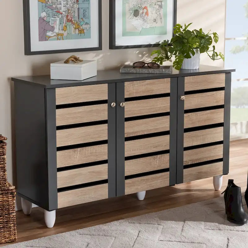 Contemporary 3-door Slatted Wood 14-pair Shoe Storage Cabinet