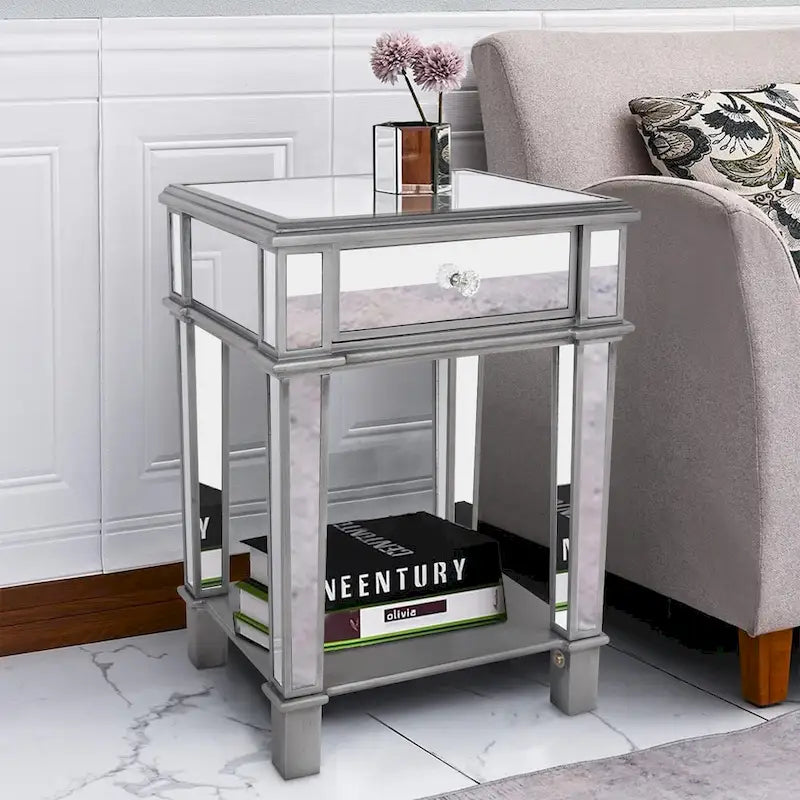 Mirrored Bedside Nightstand Glass Side V Table Silver with Drawer