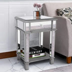 Mirrored Bedside Nightstand Glass Side V Table Silver with Drawer
