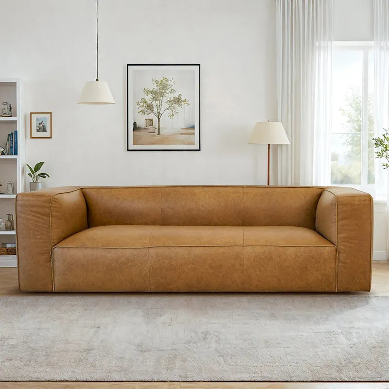 Empire Mid Century Modern Living Room Top Leather Couch in Tan