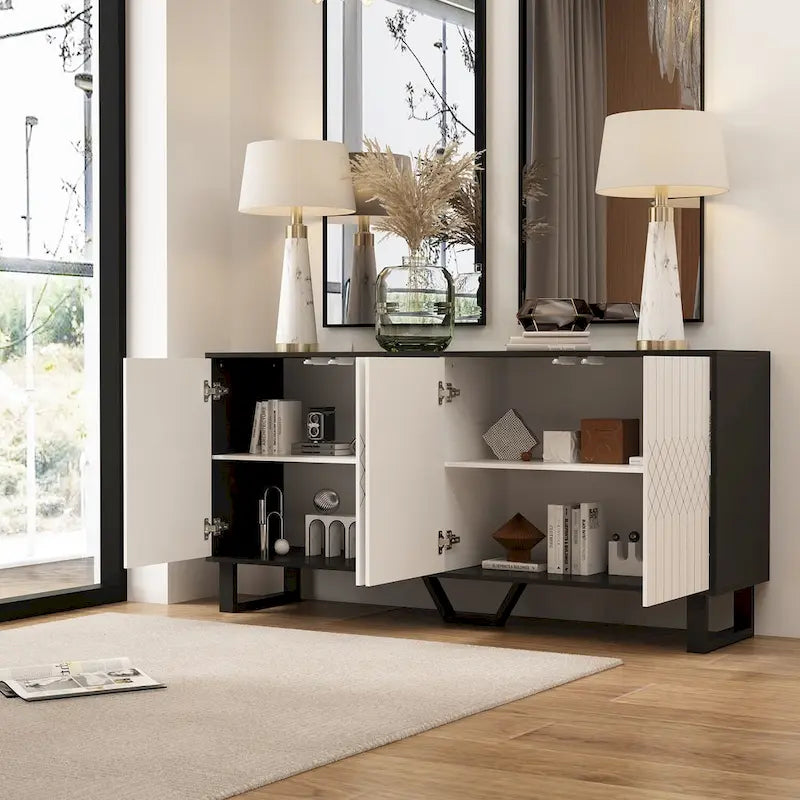 Modern 4 Door Bookmatch Buffet 63inch Black White End Table Sideboard