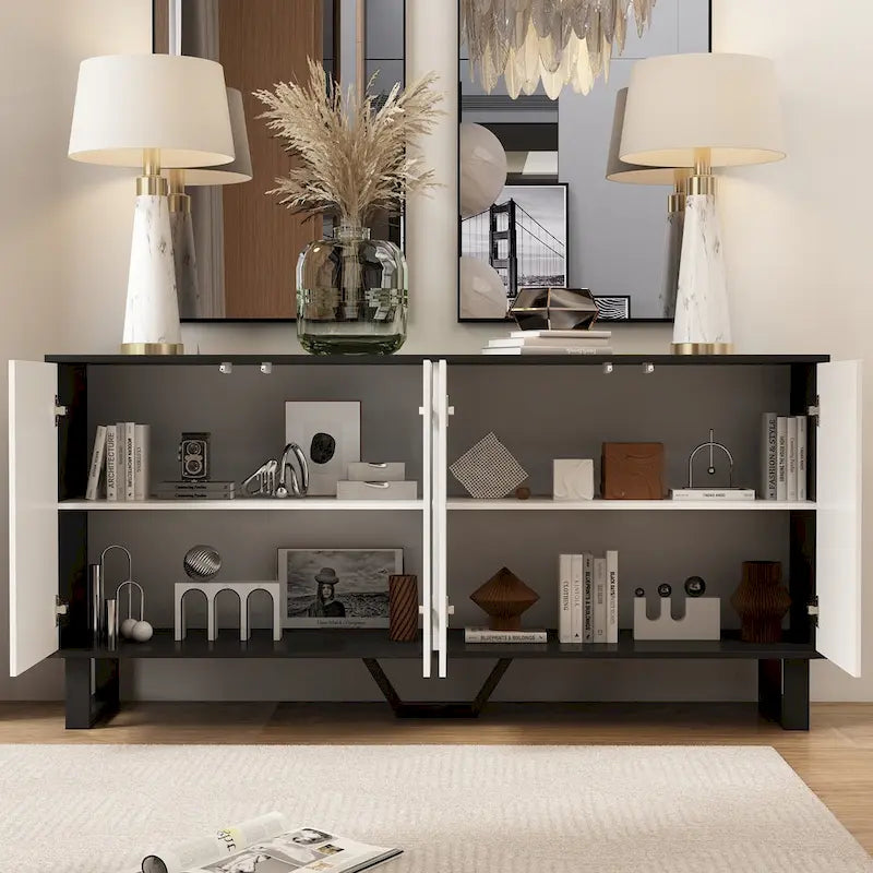 Modern 4 Door Bookmatch Buffet 63inch Black White End Table Sideboard