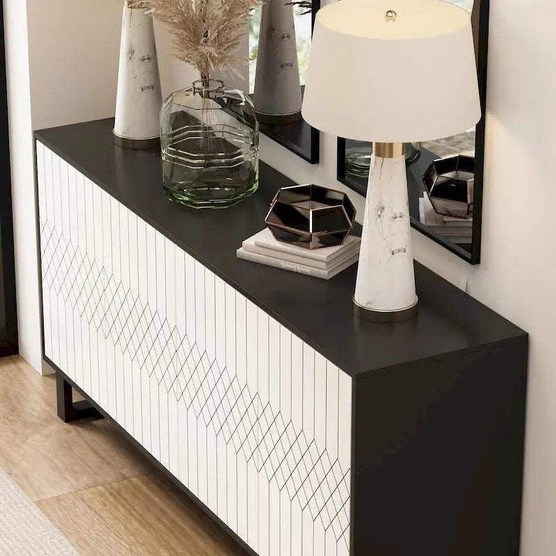 Modern 4 Door Bookmatch Buffet 63inch Black White End Table Sideboard