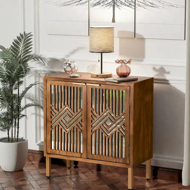 COZAYH Mirror Fronts Rustic Farmhouse Accent Cabinet with Geometric Overlays