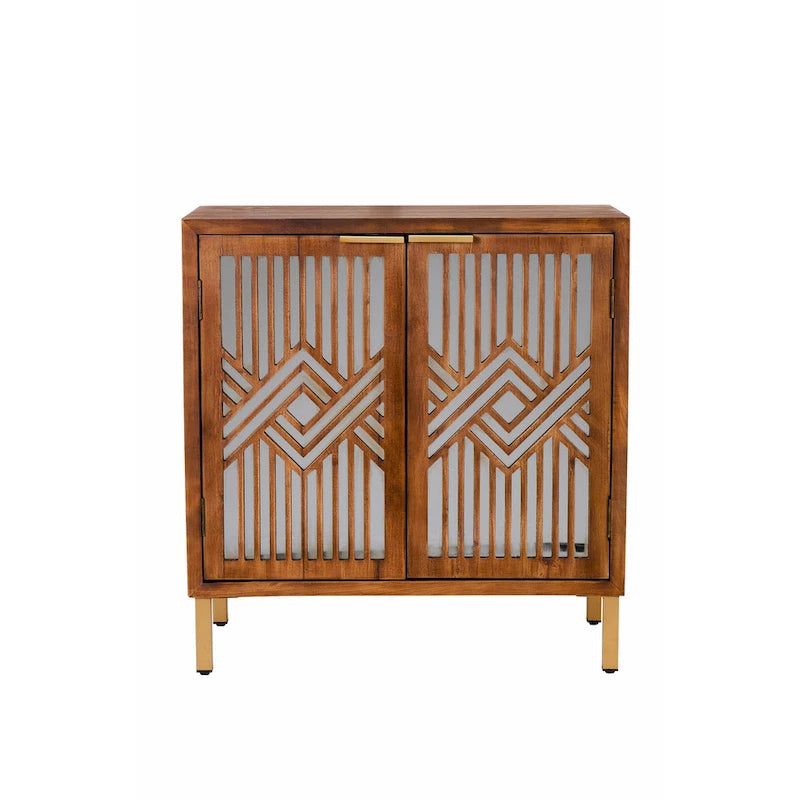 COZAYH Mirror Fronts Rustic Farmhouse Accent Cabinet with Geometric Overlays