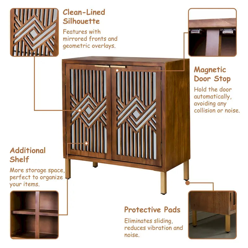 COZAYH Mirror Fronts Rustic Farmhouse Accent Cabinet with Geometric Overlays