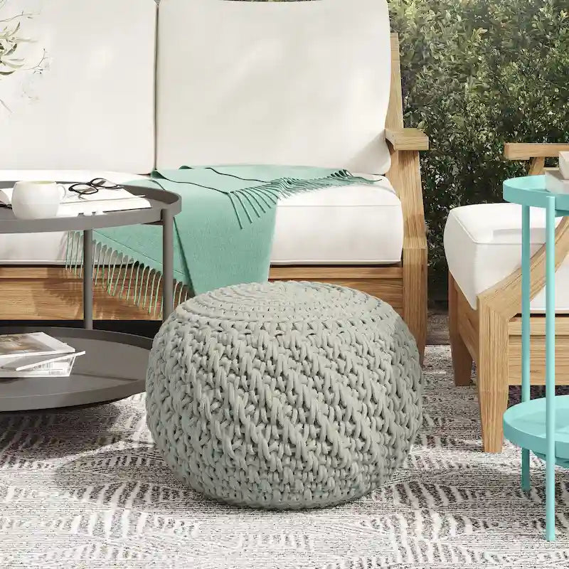 WYNDENHALL Cora Round Knitted Pouf in Light Grey Recycled PET Polyester