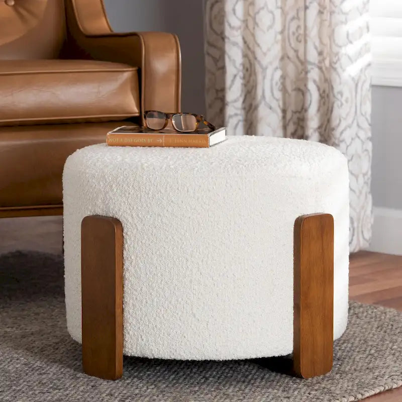 Finlay Modern Japandi Boucle Fabric and Wood Ottoman Footstool