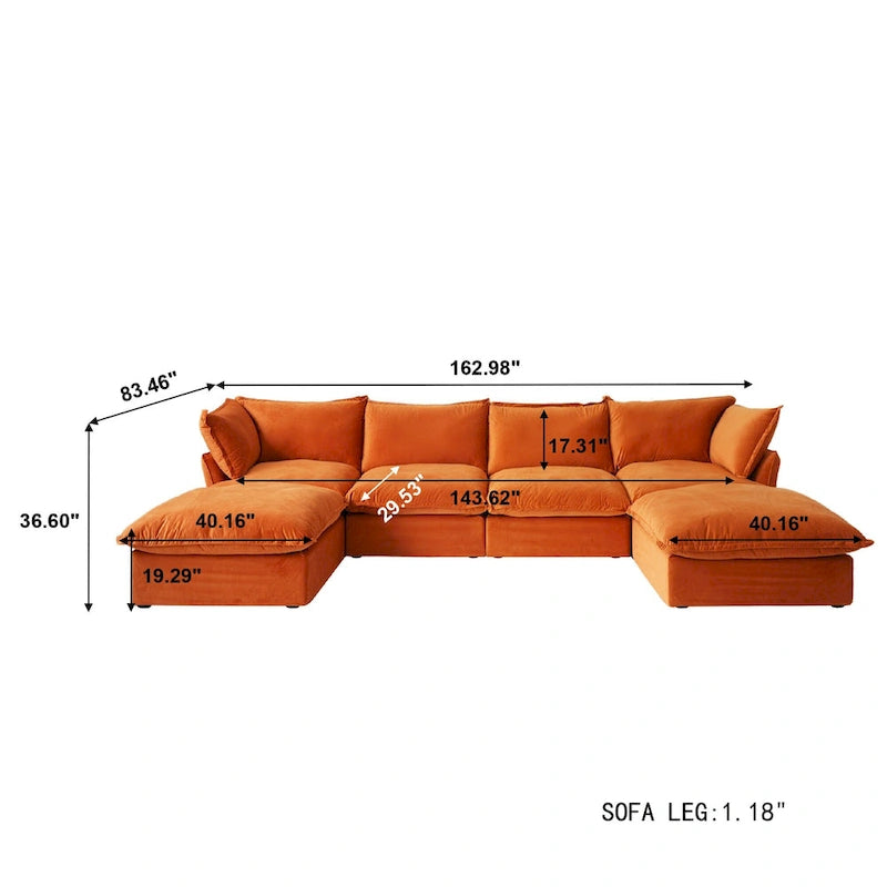 6 Piece U-shaped Velvet Upholstery Modular Sectional Sofa with 2 Ottoman