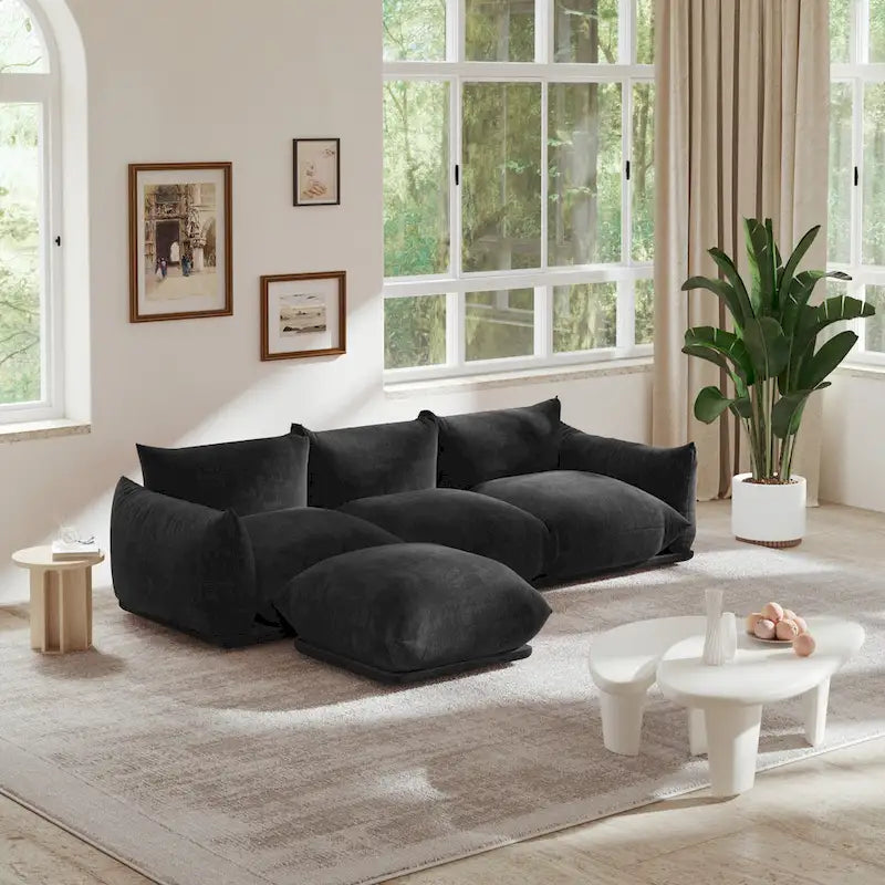 103.9 L-Shaped Sectional Sofa Chenille Fabric 3-Seat Couch with Ottoman