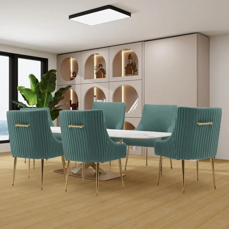 SEYNAR Modern Glam Boucle Pleated Velvet Dining Chair or Vanity Chair Set of 6 with Rear Handle