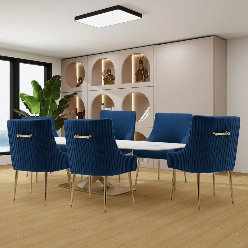 SEYNAR Modern Glam Boucle Pleated Velvet Dining Chair or Vanity Chair Set of 6 with Rear Handle