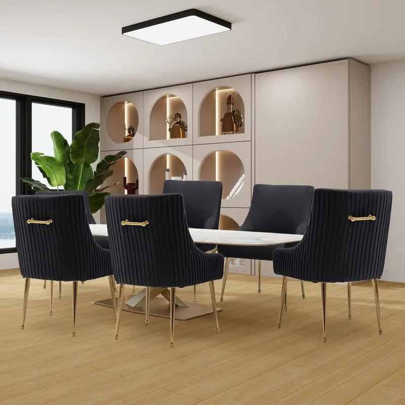 SEYNAR Modern Glam Boucle Pleated Velvet Dining Chair or Vanity Chair Set of 6 with Rear Handle