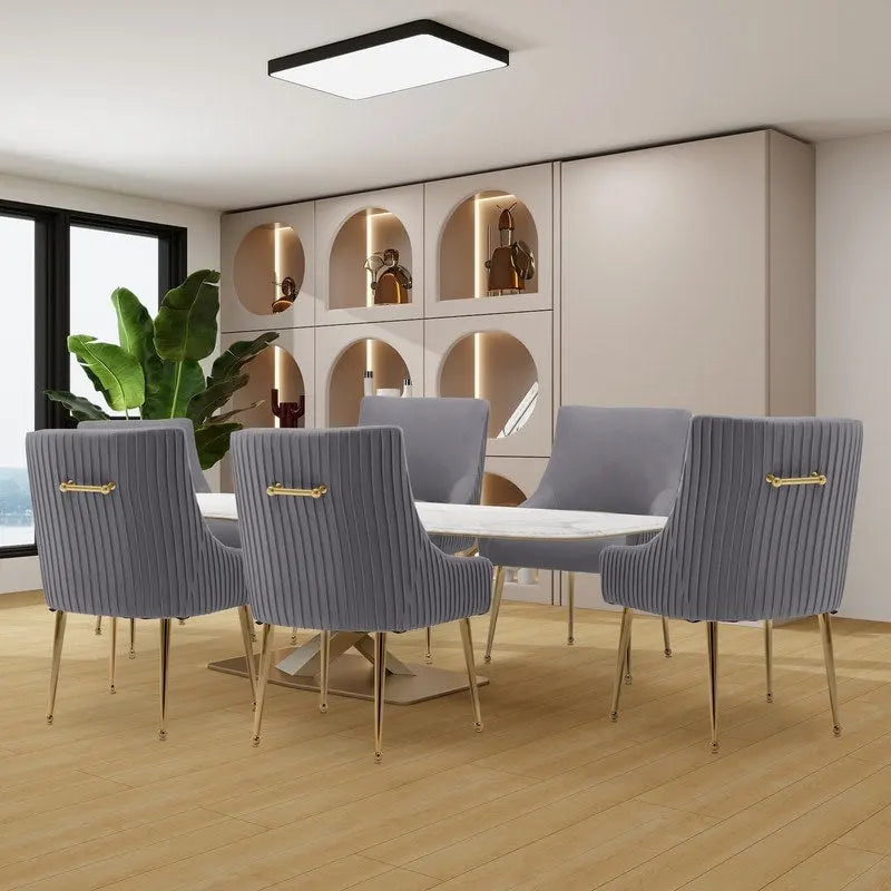 SEYNAR Modern Glam Boucle Pleated Velvet Dining Chair or Vanity Chair Set of 6 with Rear Handle