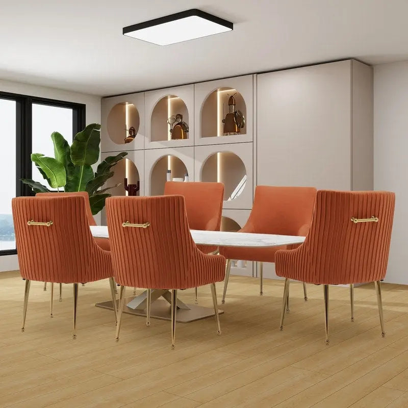 SEYNAR Modern Glam Boucle Pleated Velvet Dining Chair or Vanity Chair Set of 6 with Rear Handle