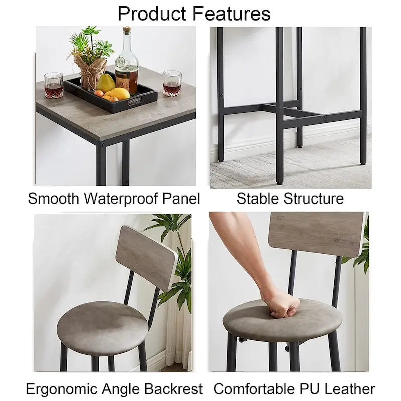 3 Pieces Bar Table Set, Kitchen Table Set for 2, Upholstered Stools
