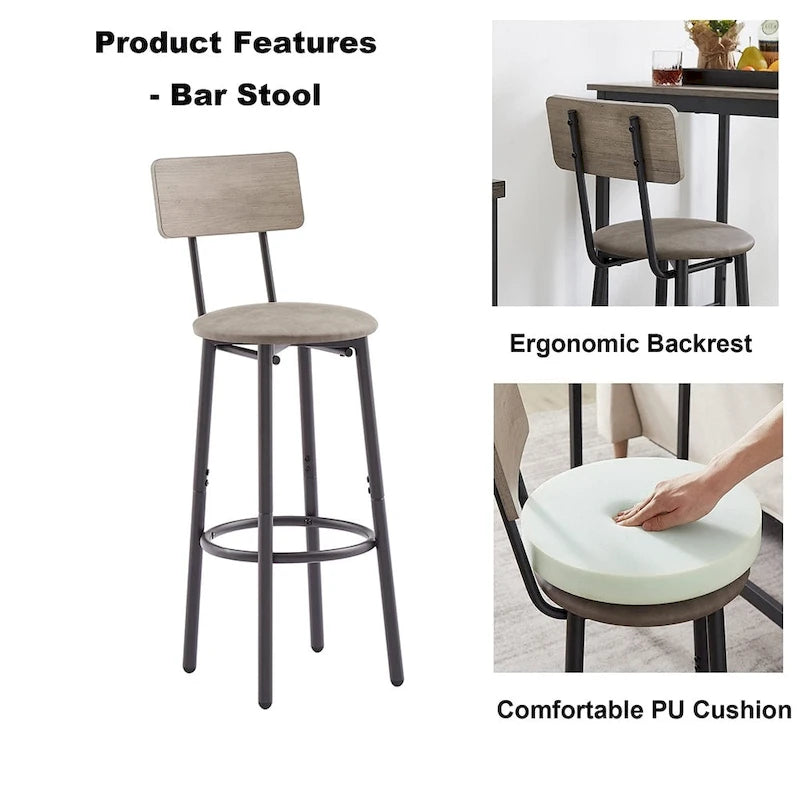 3 Pieces Bar Table Set, Kitchen Table Set for 2, Upholstered Stools