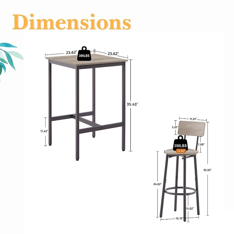 3 Pieces Bar Table Set, Kitchen Table Set for 2, Upholstered Stools