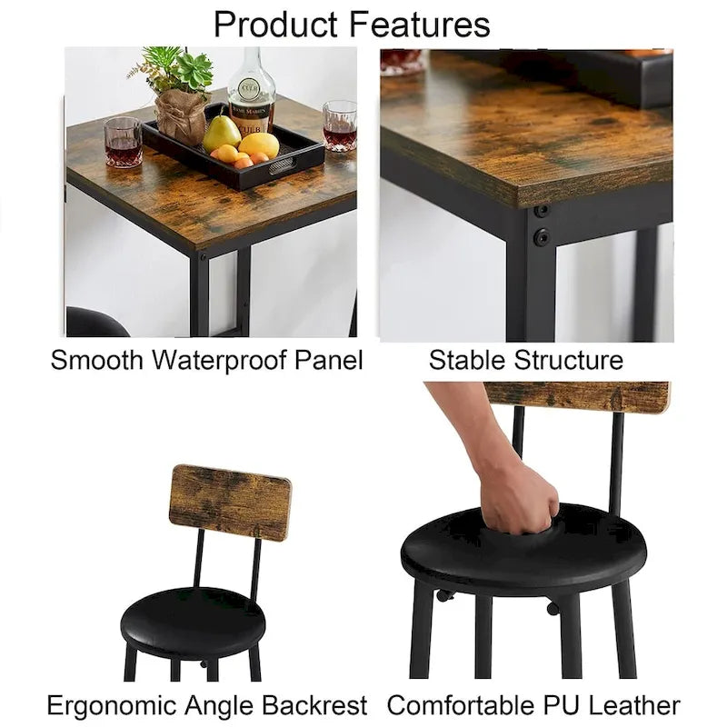 3 Pieces Bar Table Set, Kitchen Table Set for 2, Upholstered Stools