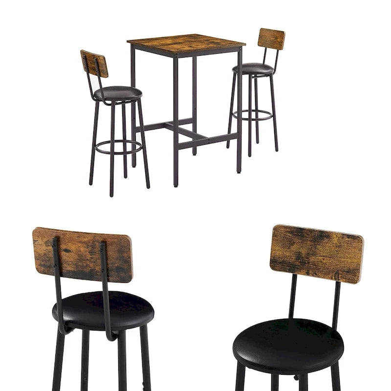 3 Pieces Bar Table Set, Kitchen Table Set for 2, Upholstered Stools