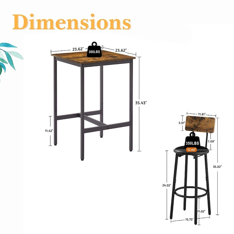 3 Pieces Bar Table Set, Kitchen Table Set for 2, Upholstered Stools