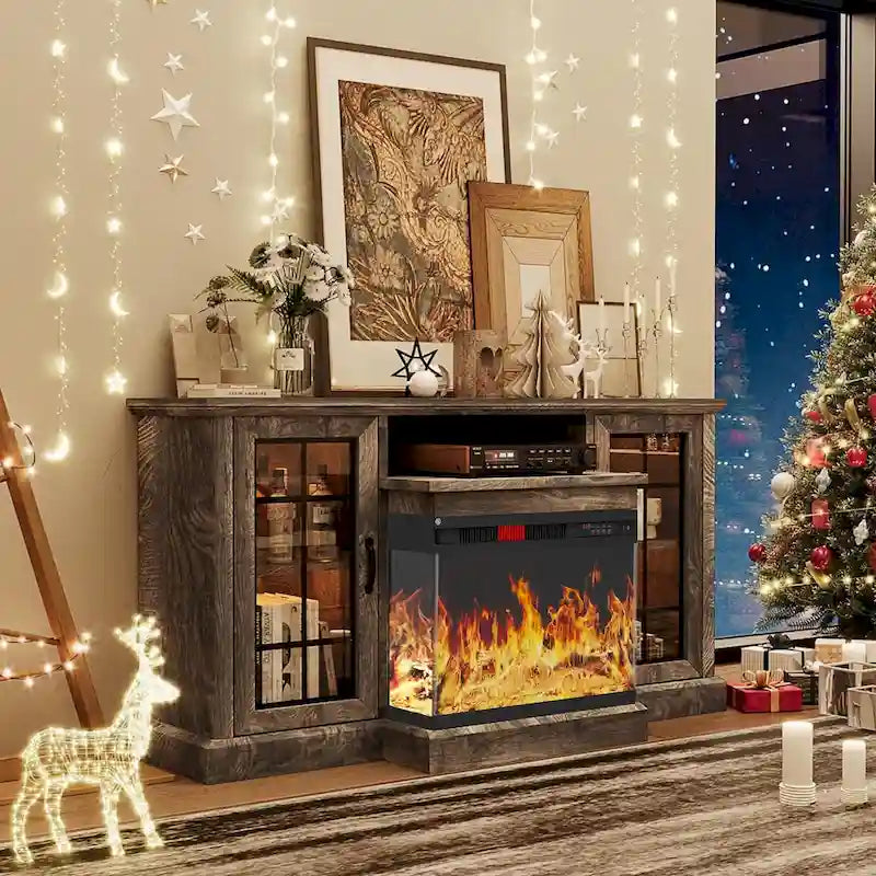 Fireplace TV Stand with All-Sided Glass Electric Fireplace