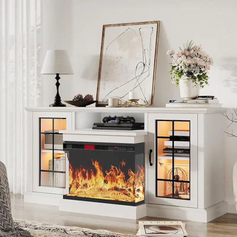 Fireplace TV Stand with All-Sided Glass Electric Fireplace