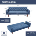 74 Velvet Futon Sofa Bed, Adjustable Backrest Convertible Loveseat Sleeper Couch with Tapered Wood Legs for Small Space