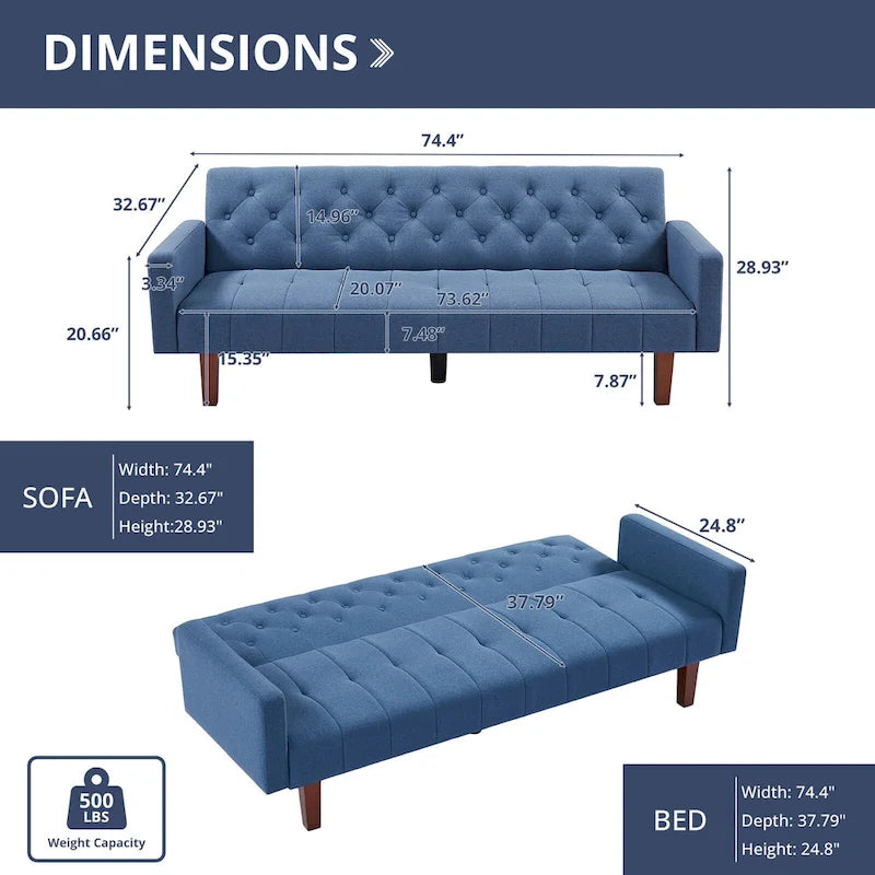 74 Velvet Futon Sofa Bed, Adjustable Backrest Convertible Loveseat Sleeper Couch with Tapered Wood Legs for Small Space